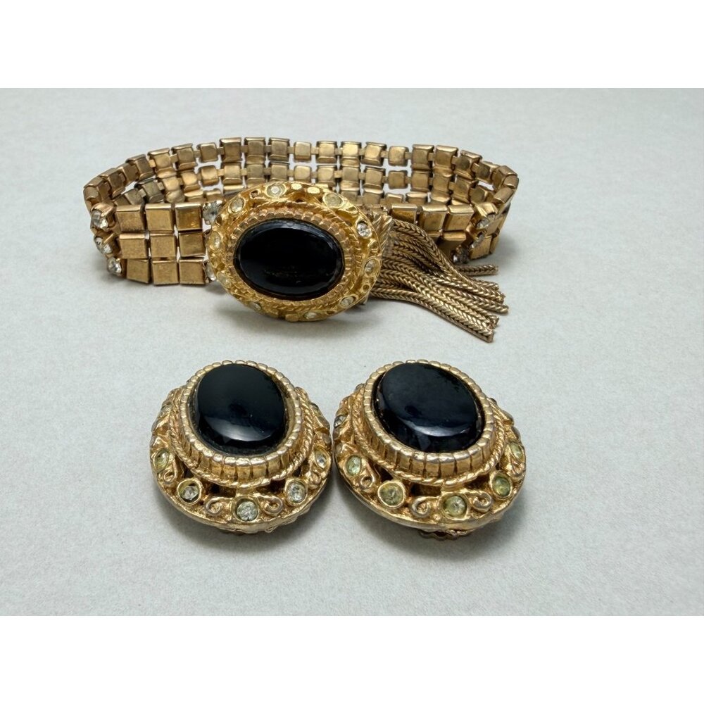 80S VINTAGE IVANA BLACK ENAMEL & GOLD BRACELET & CLIP EARRINGS SET